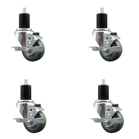 Service Caster 3'' Gray Poly Swivel 1-3/4'' Expanding Stem Caster Set with Brake, 4PK SCC-EX20S314-PPUB-TLB-134-4